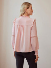 Ladies' Woven Solid Color V-Neck Frill Trim Long Sleeve Elegant Blouse, Spring & Summer